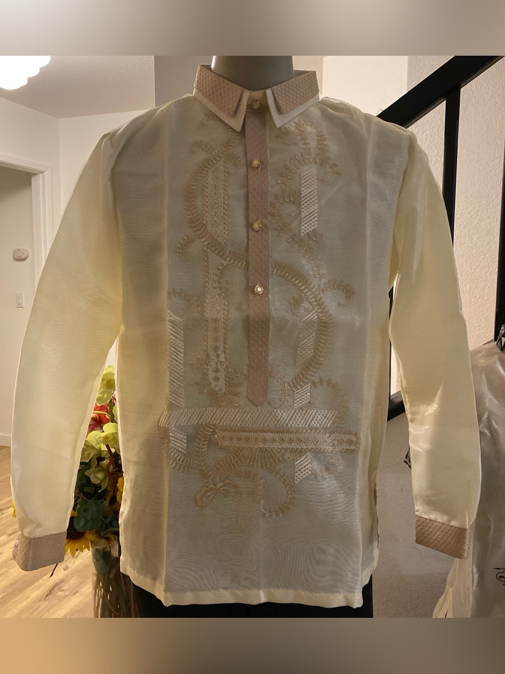 Men's Embroidered Barong-Style Dress Shirt in Cream